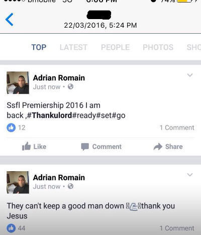 Photo: Post from another of Adrian Romain's Facebook account.