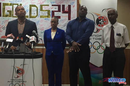 Photo: Trinidad and Tobago Olympic Committee (TTOC) president Brian Lewis (far left) and games committee members (from right) Dr Terrence Ali, Ian Hypolite and Diane Henderson announce their decision to select gymnast Marisa Dick on their contingent for the Rio 2016 Olympic Games on 2 May 2016. Missing from the photograph is games committee member Annette Knott who was abroad. (Courtesy Wired868)