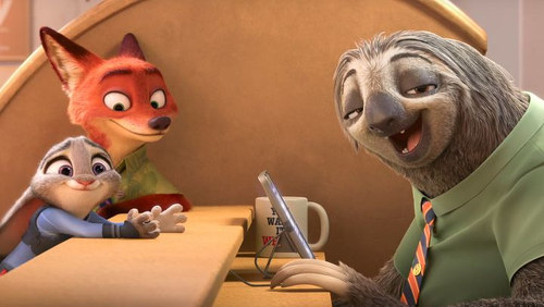 Photo: A sloth (right) played the role of a well-meaning but painfully slow public servant in Zootopia. (Courtesy Disney)