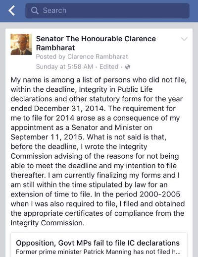 Photo: Minister of Agriculture Clarence Rambharat explains his failure to file his declarations in 2014.