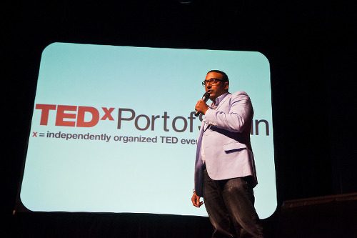 Photo: A speaker offers "the speech of his life" at TedX Port of Spain.