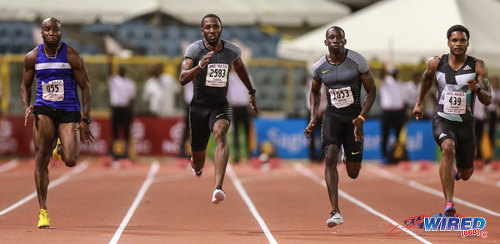 Photo: Trinidad and Tobago sprinters (from left) Emmanuel Callender, Richard Thompson, Rondell Sorrillo and Keston Bledman compete at the 100 metre final in the NAAA National Open Championships on 25 June 2016 at the Hasely Crawford Stadium in Port of Spain. Thompson won gold at the event followed by Sorrillo, Bledman and Callender respectively. (Courtesy Allan V Crane/CA Images/Wired868)