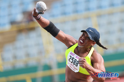 Photo: Trinidad and Tobago shot put champion Cleopatra Borel throws at the 2016 NAAA National Championships. (Courtesy Allan V Crane/CAI Images/Wired868)