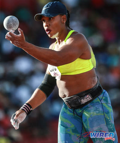 Photo: Trinidad and Tobago shot put champion Cleopatra Borel ponders her next throw at the 2016 NAAA National Championships. (Courtesy Allan V Crane/CAI Images/Wired868)