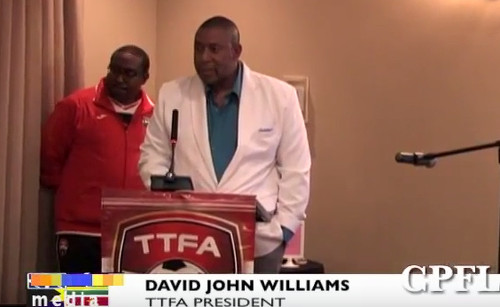 Photo: Trinidad and Tobago Football Association (TTFA) president David John-Williams (right) address Caribbean Football Union delegates during his CPFL meeting at the Marriott Hotel in Port of Spain on 17 and 18 June 2016. Guyana National Senior Team coach Jamaal Shabazz is at his side in full TTFA gear.