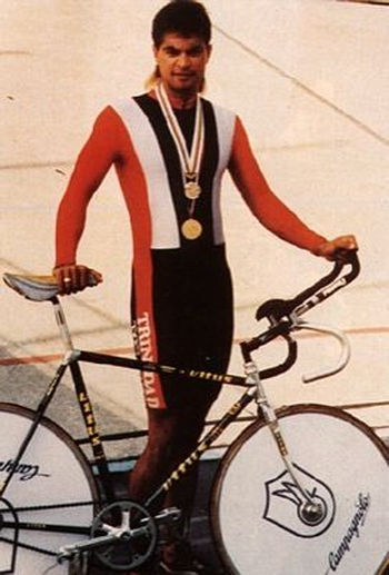 Photo: Iconic Trinidad and Tobago cyclist Gene "Geronimo" Samuel during his heyday. (Copyright Caribbean Beat)