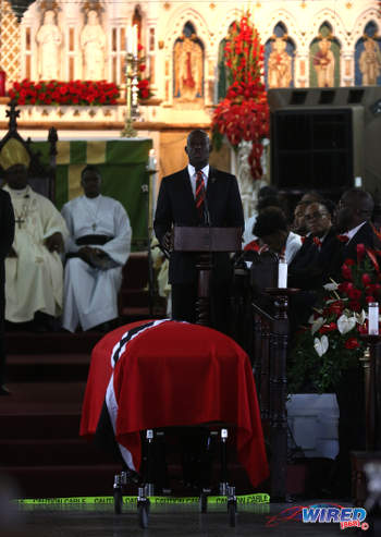 Photo: Prime Minister Dr Keith Rowley (centre) speaks during the funeral service for late Prime Minister and PNM political leader Patrick Manning on 9 July 2016. (Courtesy Chevaughn Christopher/Wired868)