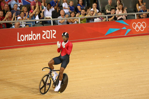 Photo: Njisane Phillip acknowledges the crowd at the London 2012 Olympic Games. (Copyright Track Cycling News)