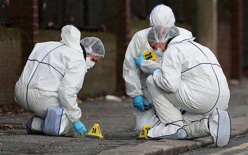 Photo: Forensic scientists collect data at a crime scene.