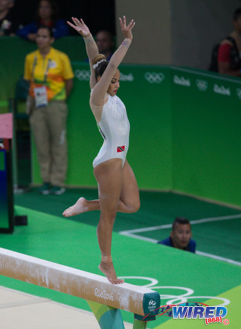 Photo: Trinidad and Tobago's Marisa Dick goes through her routine on the balance beam at the Rio Olympic Games on 7 August 2016. (Courtesy Sean Morrison/Wired868)