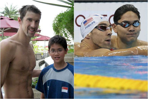 Photo: United States swim star Michael Phelps meets Singapore's Joseph Schooling as a child (left) and then in the pool for the 100 metre butterfly final on 13 August 2016, which Schooling won. Proof that Pharrell Williams isn't the only vampire on the loose.