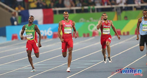 Photo: Trinidad and Tobago's Machel Cedenio (second from left) beats (from left) Grenada's Bralon Taplin, Bahrain's Ali Khamis and Botswana's Karabo Sibanda to the finish line in the Rio Olympics' 400 metre final on 14 August 2016. Cedenio finished fourth behind South Africa's Wayde Van Niekerk, Grenada's Kirani James and the United States' LaShawn Merritt. (Courtesy Sean Morrison/Wired868)