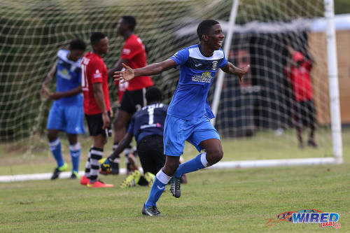 Photo: Fyzabad Secondary striker Natinni Jones celebrates his goal against Pleasantville during their 4-2 SSFL Premier Division win at the Mahaica Oval on 17 September 2016. (Courtesy Sean Morrison/Wired868)