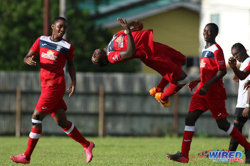 Photo: Fyzabad Secondary captain Sharkeel Louison (centre) celebrates his goal against St Anthony's College with a somersault in SSFL Premier Division action on 24 September 2016 at Fyzabad. (Courtesy Chevaughn Christopher/Wired868)