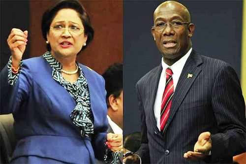 Photo: Trinidad and Tobago Prime Minister Dr Keith Rowley (right) and Opposition Leader Kamla Persad-Bissessar SC. (Copyright Stabroek News)