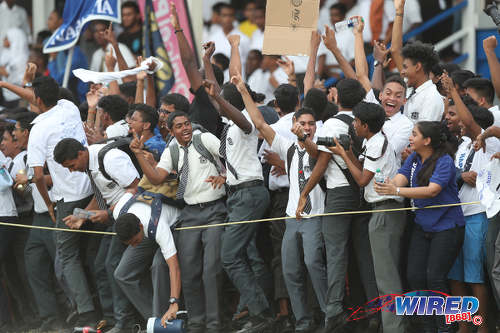 Photo: Naparima College supporters enjoy the last laugh during their 2-0 SSFL Premier Division win over rivals Presentation College (San Fernando) at Lewis Street, San Fernando on 28 September 2016. (Courtesy Allan V Crane/Wired868)