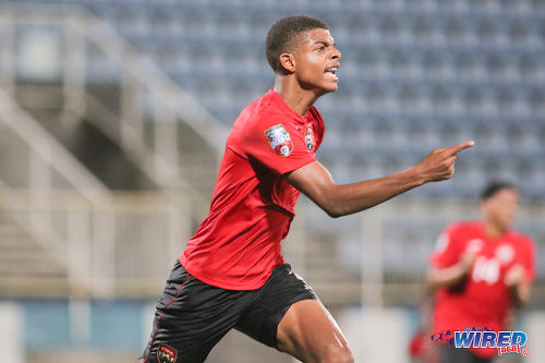 Photo: Trinidad and Tobago National Under-17 Team striker Jaydon Prowell makes a point after his equalising goal against Bermuda in 2017 World Cup qualifying action at the Ato Boldon Stadium, Couva on 18 September 2016. (Courtesy Chevaughn Christopher/Wired868)