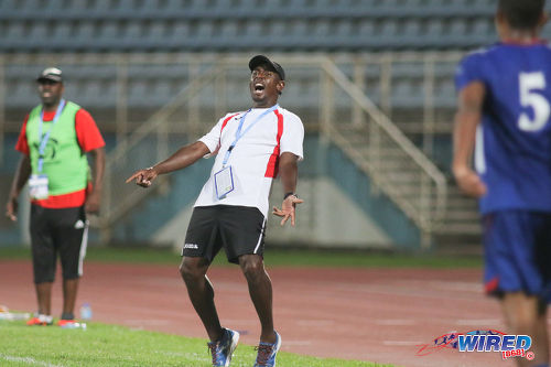 Photo: Trinidad and Tobago National Under-17 Team coach Russell Latapy (centre) reacts during 2017 World Cup qualifying action against Bermuda at the Ato Boldon Stadium on 18 September 2016. (Courtesy Chevaughn Christopher/Wired868)