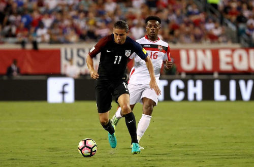 Photo: United States midfielder Alejandro Bedoya (left) speeds away from Trinidad and Tobago winger Levi Garcia during FIFA 2018 World Cup qualifying action at the EverBank Field on 6 September 2016 in Jacksonville, Florida. (Copyright Sam Greenwood/Getty Images)