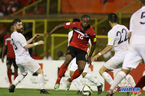 Photo: Trinidad and Tobago winger Levi Garcia (centre) takes on Guatemala midfielders Jean Marquez (left) and Rodrigo Saravia during Russia 2018 World Cup qualifying action at the Hasely Crawford Stadium in Port of Spain on Friday 2 September 2016. Both teams played to a 2-2 draw. (Courtesy Chevaughn Christopher/Wired868)