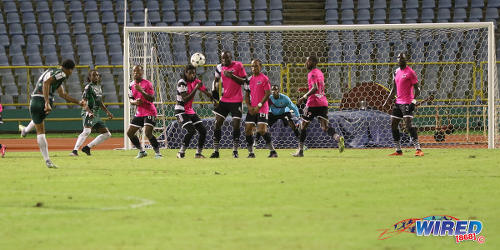 Photo: W Connection defender Alvin Jones (left) cracks a free kick towards goal during 2016/17 Pro League action against Central FC at the Hasely Crawford Stadium in Port of Spain on 4 October 2016. (Courtesy Sean Morrison/Wired868)