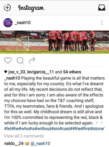 Photo: Trinidad and Tobago midfielder Kevin Molino apologises for breach of discipline on Instagram on 18 October 2016.