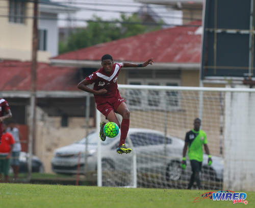 Photo: East Mucurapo Secondary attacker Zion McLeod goes airborne to control the ball during SSFL Premier Division action against St Benedict's College at Mucurapo Road on 6 October 2016. (Courtesy Nicholas Bhajan/Wired868)