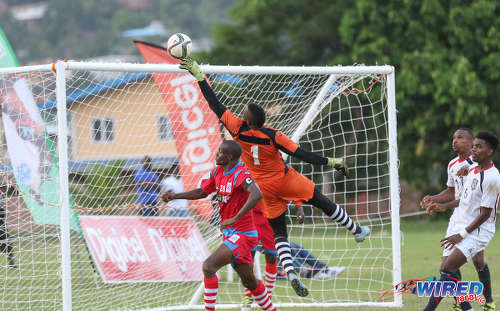 Photo: St Ann's Rangers goalkeeper Cleon John (centre) tips the ball overbar during Pro League action against Morvant Caledonia United at the Barataria Recreation Ground on 9 October 2016. (Courtesy Sean Morrison/Wired868)