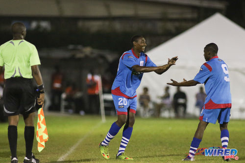 Photo: St Ann's Rangers left back Kareem Baptiste (left) congratulates goal scorer Jomoul Francois during Pro League action against Point Fortin Civic on 30 October 2016 at Mahaica Oval. Rangers won 4-0. (Courtesy Chevaughn Christopher/Wired868)