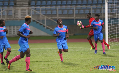 Photo: Club Sando flanker Kemuel Rivers (centre) celebrates after scoring from the penalty spot during Pro League action against W Connection at the Ato Boldon Stadium in Couva on 14 October 2016. (Courtesy Sean Morrison/Wired868)