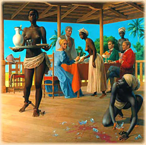 Photo: A depiction of slaves serving their masters in Trinidad. (Courtesy Netssa.com)