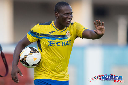 Photo: Defence Force striker Devorn Jorsling celebrates a strike against Morvant Caledonia United in the First Citizens Cup semifinal on 27 November 2016. (Courtesy Allan V Crane/Wired868)