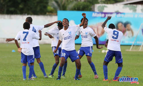 Photo: Feel like dancing! Malix Ottey (centre) and his Diego Martin North Secondary teammates show off some dance moves during their North Zone Intercol contest with Blanchisseuse Secondary at the St Mary's College ground in St Clair on 2 November 2016. Diego Martin North won 4-1. (Courtesy Sean Morrison/Wired868)