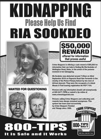 Photo: A Trinidad and Tobago Crime Stoppers notice requesting information on the whereabouts of Ria Sookdeo.