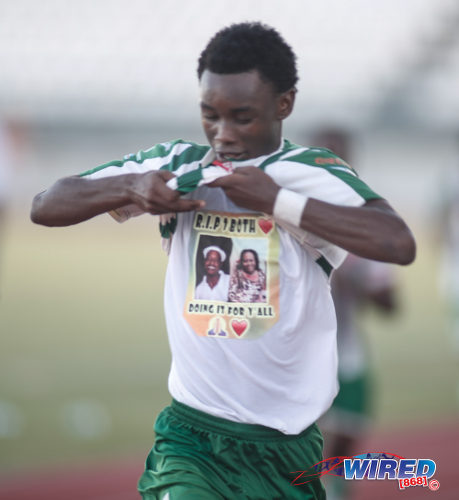 Photo: San Juan North Secondary utility player Brandon Semper celebrates his East Zone Intercol final goal against St Augustine Secondary with a message to his late aunt and uncle at the Larry Gomes Stadium, Malabar on 21 November 2016. (Courtesy Annalicia Caruth/Wired868)