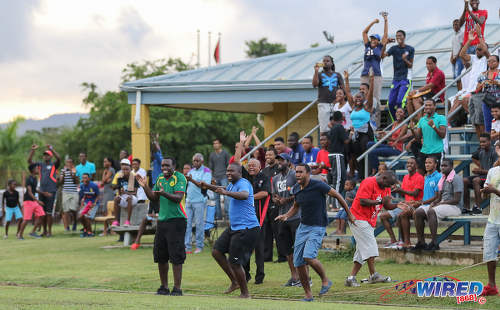 Photo: Trinity College East supporters celebrate after Nickel Orr's decisive goal against Malick Secondary during Championship Big 5 Play Off action in Trincity on 6 November 2016. (Courtesy Sean Morrison/Wired868)