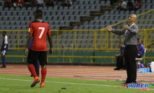 Photo: Trinidad and Tobago Senior National Team coach Stephen Hart (right) gestures during Russia 2018 World Cup qualifying action against Costa Rica at the Hasely Crawford Stadium on 11 November 2016. Looking on is Trinidad and Tobago winger Cordell Cato. (Courtesy Sean Morrison/Wired868)