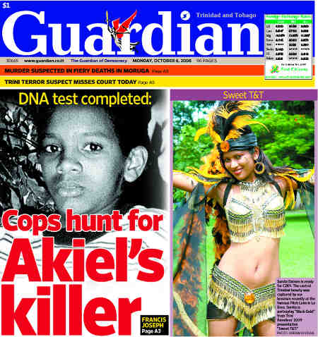 Photo: A Trinidad Guardian headline on murdered child, Akeil Chambers. (Copyright Trinidad Guardian)