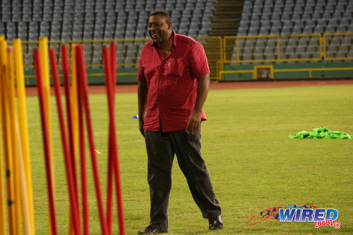 Photo: Trinidad and Tobago Football Association (TTFA) president David John-Williams enjoys himself at new head coach Tom Saintfiet's maiden training session at the Hasely Crawford Stadium in Port of Spain on 15 December 2016. (Courtesy Nicholas Williams/Wired868)