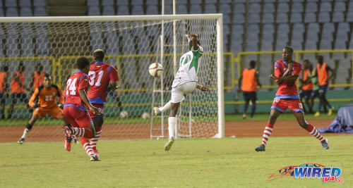 Photo: W Connection and Suriname international attacker Dimitrie Apai (centre) takes a crack at goal during Pro League action against St Ann's Rangers at the Hasely Crawford Stadium on 17 January 2017. (Courtesy Sean Morrison/Wired868)