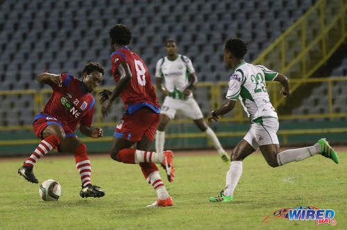 Photo: St Ann's Rangers and Trinidad and Tobago National Under-20 Team midfielder Josh Toussaint (left) executes a Cruyff turn during Pro League action against W Connection at the Hasely Crawford Stadium on 17 January 2017. (Courtesy Sean Morrison/Wired868)