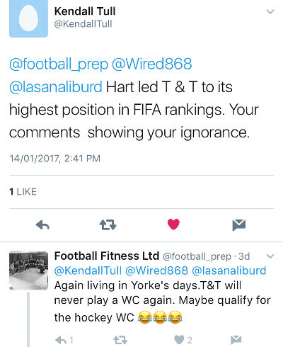 Photo: Football Fitness Ltd takes on Wired868 reader Kendall Tull. Ex-Trinidad and Tobago football team fitness trainer Riedoh Berdien claimed he did not send that tweet.