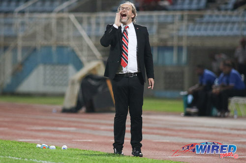 Photo: Trinidad and Tobago National Senior Team head coach Tom Saintfiet shouts instructions during 2017 Gold Cup playoff action against Suriname at the Ato Boldon Stadium, Couva on 4 January 2017. (Courtesy Chevaughn Christopher/Wired868)