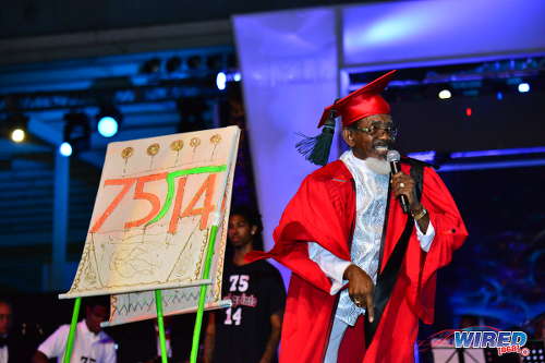 Photo: Dr Hollis "Chalkdust" Liverpool performs “Learn from Arithmetic” at the Calypso Monarch final on 26 February 2017 at the Queen's Park Savannah. Chalkdust copped the crown for a record ninth time. (Courtesy Wired868)