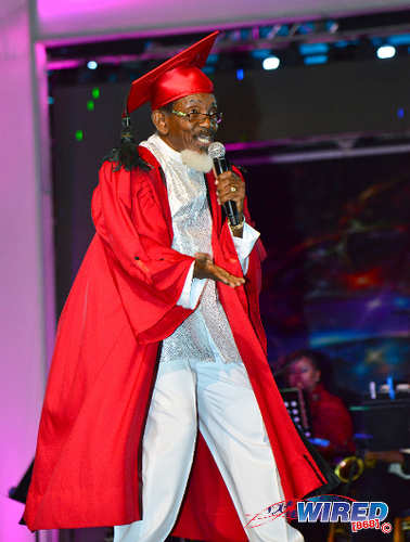 Photo: Dr Hollis "Chalkdust" Liverpool performs “Learn from Arithmetic” at the Calypso Monarch final on 26 February 2017 at the Queen's Park Savannah. Chalkdust copped the crown for a record ninth time. (Courtesy Wired868)