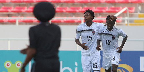 Photo: Trinidad and Tobago National Under-20 Team winger Kathon St Hillaire (centre) celebrates with teammate Micah Lansiquot during 2017 World Cup qualifying action against El Salvador at the Estadio Nacional on 22 February 2017. Hillaire scored the winner, off a Lansiquot pass, as T&T won 2-1. (Copyright Straffon Images)