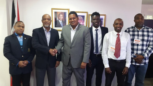 Photo: (Left to right) Lt Ryan Ottley (TTSL interim VP), Keith Look Loy (TTSL interim President), Minister Darryl Smith, Camara David (TTSL Secretary), Kester Lendor (TTSL interim Assistant Secretary) and Quincy Jones (TTSL interim Board member). (Courtesy TTSL)