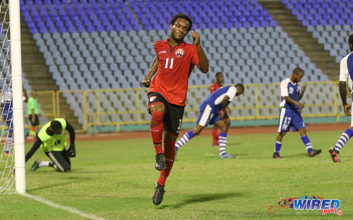 Photo: Trinidad and Tobago National Under-20 Team attacker Josh Toussaint (centre) celebrates after scoring against St Ann's Rangers during a practice game at the Hasely Crawford Stadium in Port of Spain. (Courtesy Sean Morrison/Wired868)