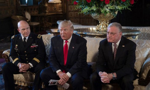 Photo: US President Donald Trump (centre) announces US Army Lieutenant General HR McMaster (left) as his national security adviser and Keith Kellogg (right) as McMaster’s chief of staff at his Mar-a-Lago resort in Palm Beach, Florida, on 20 February 2017.  (Copyright AFP 2017/Nicholas Kamm)