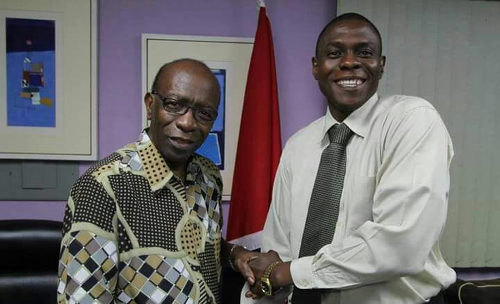 Photo: TTFA freelancer and secondary school teacher Gordon Pierre (right) poses with ex-FIFA vice president Jack Warner.